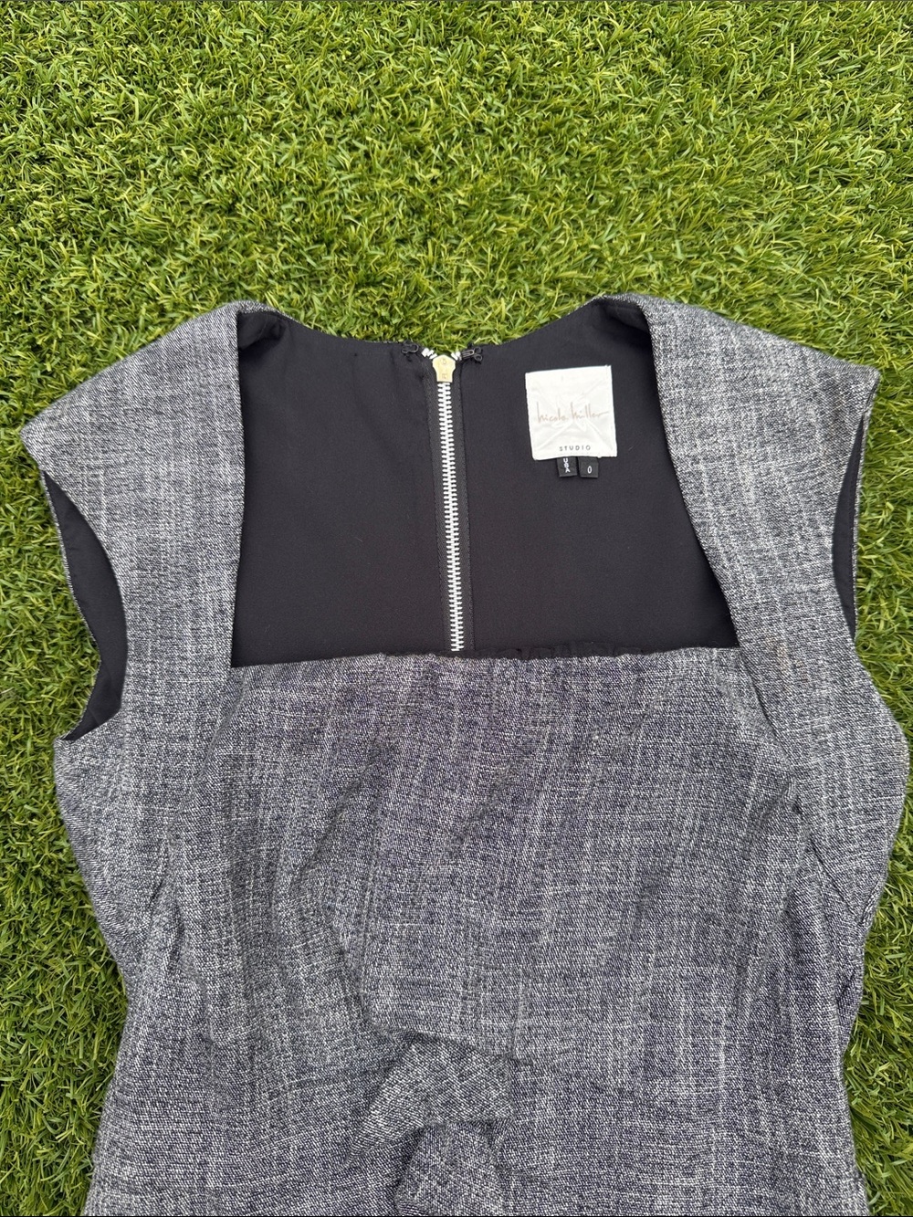 Nicole Miller Grey Tweed Midi Dress with Black Bodice - Picture 2 of 8